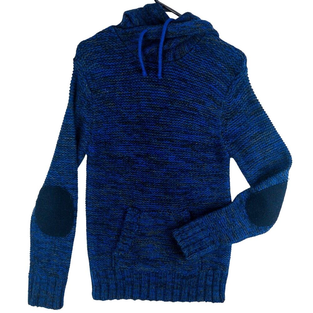 Wool Blend Knit Hooded Sweater Large Blue Elbow Patches Cowl Neck Big Smith